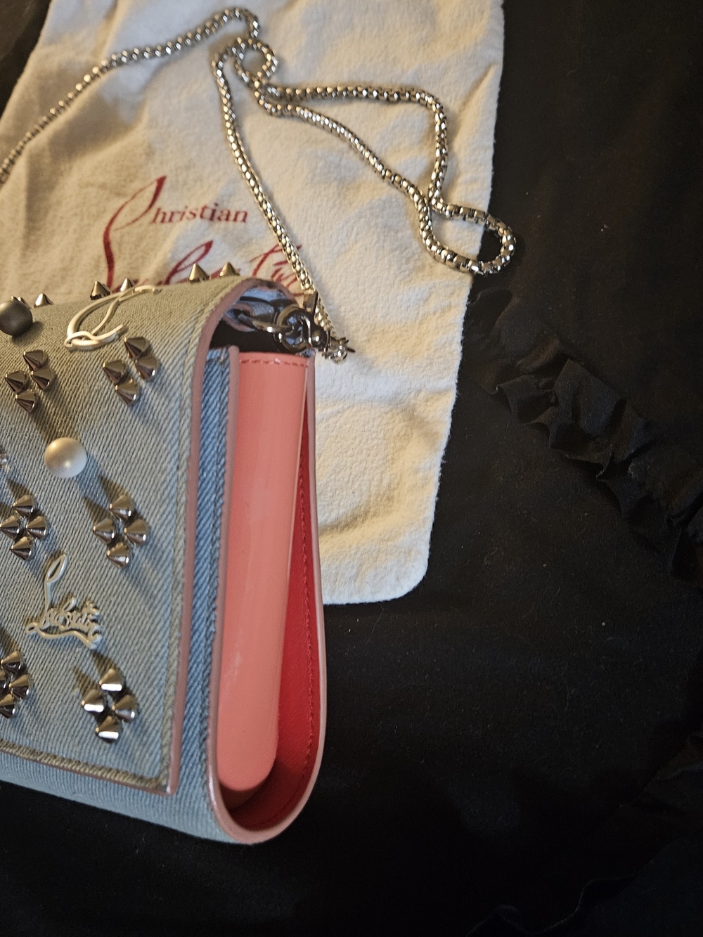 CHRISTIAN LOUBOUTIN Paloma The Sky Blue Denim Embellished Clutch Bag Crossbody - Picture 2 of 12